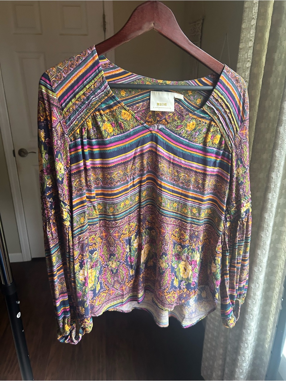 Anthropologie Multicolor Floral Stripe Long-Sleeve Peasant Top